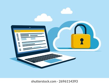 Programação em nuvem com laptop de desenvolvedor. Os dados estão protegidos com segurança. Sala do servidor em forma de nuvem. Dados em um banco de dados no armazenamento em nuvem. Ilustração em plano vetorial