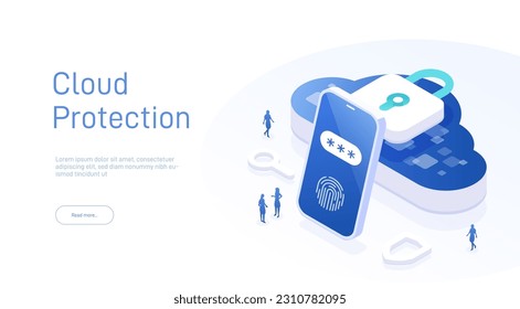 Cloud protection concept. Online devices upload, download information. Cloud computing. Data in database on cloud services. Modern 3d isometric vector illustration of web page.