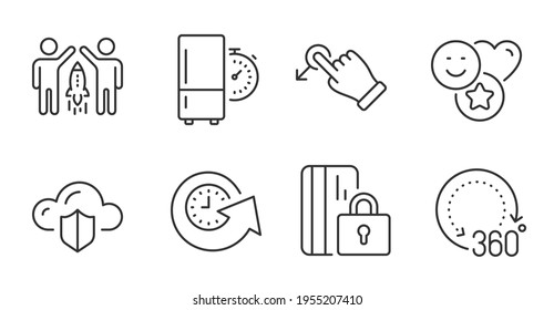 Cloud protection, Drag drop and Refrigerator timer line icons set. Smile, Update time and Blocked card signs. 360 degrees, Partnership symbols. Storage security, Move, Kitchen fridge. Vector