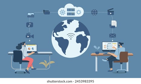 Cloud protection of important corporate databases or personal data, Secure cloud downloads and uploads, Business team working with computers via secure online system. Vector design illustration.