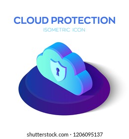 Cloud Protection Isometric Icon. Cloud Sign. Security Shield. Created For Mobile, Web, Decor, Print Products, Application. Perfect for web design, banner and presentation. Vector Illustration.