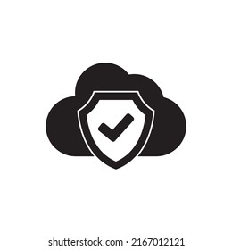 Cloud protection, cloud with shield icon in black flat glyph, filled style isolated on white background
