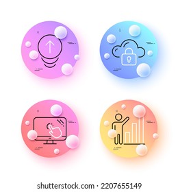 Cloud protection, Touch screen and Graph chart minimal line icons. 3d spheres or balls buttons. Swipe up icons. For web, application, printing. Storage security, Web support, Growth report. Vector