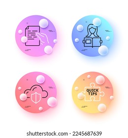 Cloud-Schutz, Frauen lesen und Quick Tipps minimale Linien-Symbole. Schaltflächen für 3D-Kugeln oder Bälle. Dokumentsymbole halten. Für Web, Anwendung, Druck. Speichersicherheit, Mädchenlernen, Tutorials. Vektorgrafik