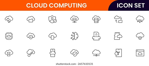 Cloud and quantum computing vector line icons featuring servers, data clouds, qubits, circuits, algorithms, networks, processing, security, and futuristic technology elements.