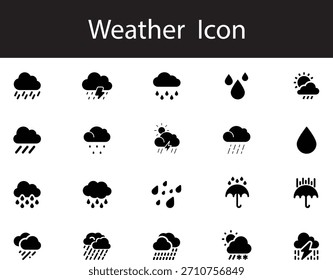 Cloud Rain Black Silhouette Bundle, Weather Icon Vector Collection on White Background