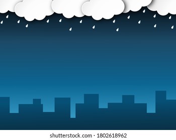 Cloud rain with building and town on blue background, rain season, cloudy day,weather forecast concept, rain promotion for advertising, vector illustration 