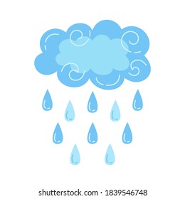 Cloud with rain cartoon style. Abstract flat bad weather colors hand drawn symbol. Cute thunderstorm, bright nature weather element. Vector meteorological infographics