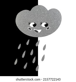 A cloud with rain is a character with big eyes and a sweet smile. Cartoon textured symbol of rainy cool weather. Vector isolated illustration, children's design. Silver sequins