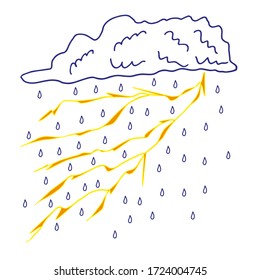 Cloud with rain and curved yellow-red lightning. Thunder Strike. Vector illustration.