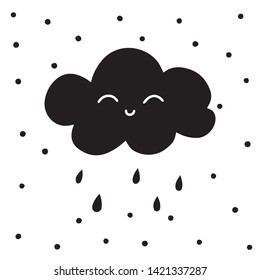 Cloud with rain  cute black and white card in nordic style. Hand drawn vector illustration.