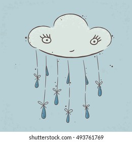 Cloud and rain. Cute cloud vintage. Simple hand illustration of a  clouds and thread. Design for kids. suitable for printing on a t-shirt or sweatshirt, shirt design, print cloud, sketch cloud, 
