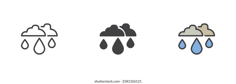 Cloud and rain different style icon set. Line, glyph and filled outline colorful version, outline and filled vector sign. Rainy weather symbol, logo illustration. Vector graphics