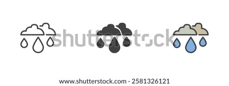 Cloud and rain different style icon set. Line, glyph and filled outline colorful version, outline and filled vector sign. Rainy weather symbol, logo illustration. Vector graphics