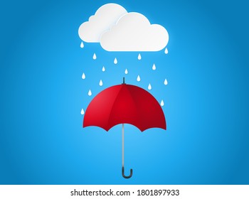 Cloud rain drop on red umbrella on blue background, rain season, cloudy day,weather forecast concept, vector illustration 