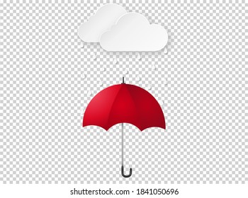 Cloud Rain Drop On Red Umbrella Isolate On Png Or Transparent  Background, Rain Season, Cloudy Day,weather Forecast Concept, Vector Illustration  Isolate On Png Or Transparent  Background