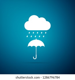Cloud with rain drop on umbrella icon isolated on blue background. Flat design. Vector Illustration
