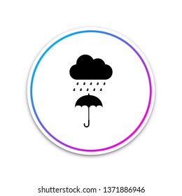 Cloud with rain drop on umbrella icon isolated on white background. Circle white button. Vector Illustration