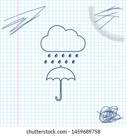 Cloud with rain drop on umbrella line sketch icon isolated on white background. Vector Illustration
