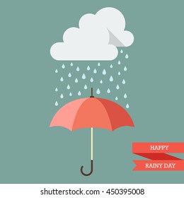 Cloud With Rain Drop On Umbrella. Flat Style Vector Illustration