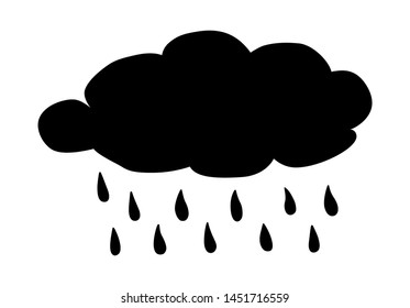 Cloud with rain drops black silhouette. Weather forecast for rain icon. Vector water drops illustration isolated on white background.