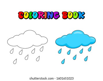 Cloud with rain drops Coloring book for children. Vector water drops outline illustration. Weather forecast coloring page for preschool kids