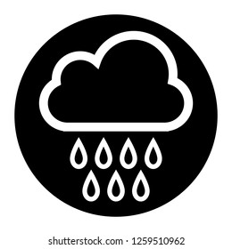 Cloud rain, drops icon on black circle. White background