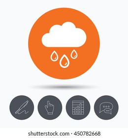 Cloud with rain drops icon. Rainy day symbol. Speech bubbles. Pen, hand click and chart. Orange circle button with icon. Vector