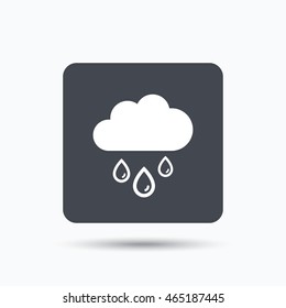 Cloud with rain drops icon. Rainy day symbol. Gray square button with flat web icon. Vector