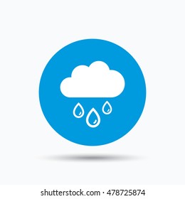 Cloud with rain drops icon. Rainy day symbol. Blue circle button with flat web icon. Vector