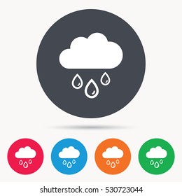 Cloud with rain drops icon. Rainy day symbol. Colored circle buttons with flat web icon. Vector