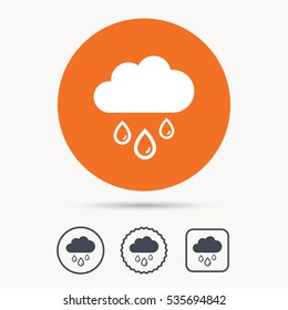 Cloud with rain drops icon. Rainy day symbol. Orange circle button with web icon. Star and square design. Vector