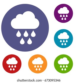 Cloud with rain drops icons set in flat circle reb, blue and green color for web