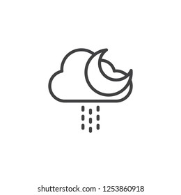 Cloud with rain drops and moon outline icon. linear style sign for mobile concept and web design. Rainy night weather simple line vector icon. Symbol, logo illustration. Pixel perfect vector graphics