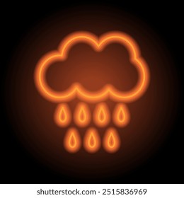 Cloud rain, drops simple icon vector. Flat design. Orange neon on black background.ai