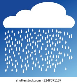 Cloud with rain drops, spring or autumn weather icon on blue background.