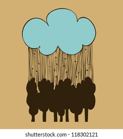 Cloud, rain and forest, icon, pictogram, black silhouette of the trees. Linear outline of the decorative landscape