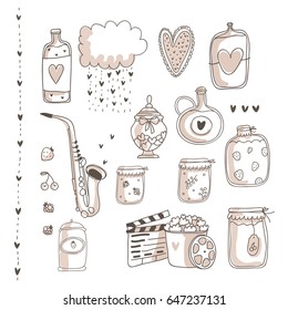 Cloud with rain in a form of hearts, one big heart, a jar of raspberry marmalade, a jar of cane jam, a jar of cherry jam, a jar of strawberry compote, a vessel with hearts, a jug, cherry, berries.