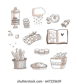A cloud with a rain in the form of hearts, a sliced cake, a basket with baguettes, a cherry, a biscuit box, a beautiful cake, a plate with grape, book with recipes, strawberries, macaroons, pretzels.