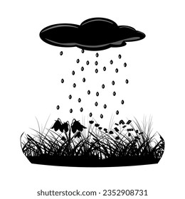 Cloud, rain and grass silhouette isolated on white background. Rainy day. Rain drops falling from cloud on lawn. Dripping raindrops over meadow.Cloud with rain watering field.Stock vector illustration