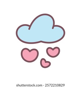 A cloud with rain of hearts. Cute hand drawn illustration isolated on a white background. Kawaii St. Valentine day sticker. Vector 10 EPS.