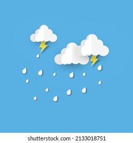 cloud and rain. heavy rain, rainy season, Overcast sky and lightning in the rainy season. Rain thunder lightning umbrella and clouds in the paper cut style.  Storm time. Rain drops and thunder.