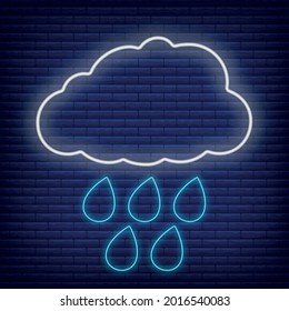 Cloud with rain icon glow neon style, concept weather condition outline flat vector illustration, isolated on black. Brick background, web climate label stuff.