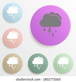 Cloud with rain and lightning bolt badge color set. Simple glyph, flat vector of web icons for ui and ux, website or mobile application