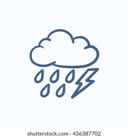 Cloud with rain and lightning bolt vector sketch icon isolated on background. Hand drawn Cloud with rain and lightning icon. Cloud with rain and lightning sketch icon for infographic, website or app.