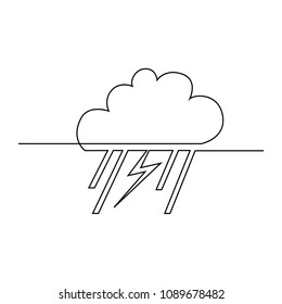 A cloud of rain and lightning are drawn by one black line on a white background. One-line drawing. Continuous line. Vector Eps10