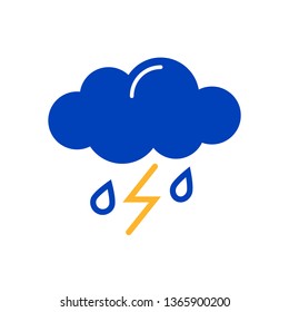 Cloud with rain and lightning icon. Flat and line style vector illustration isolated on white background. Weather, internet concept for web, app, logo. 