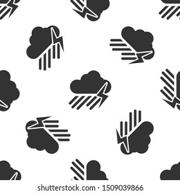 Cloud with rain and lightning icon isolated seamless pattern on white background. Rain cloud precipitation with rain drops.Weather icon of storm.  Vector Illustration