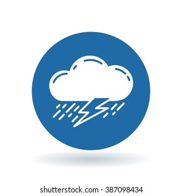 Cloud with rain and lightning thunderstorm icon. Cloud storm sign symbol. White icon on blue circle background. Vector illustration.