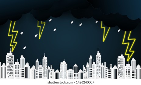 Cloud and rain on blue background city heavy rain, rainy season sky and lightning, 